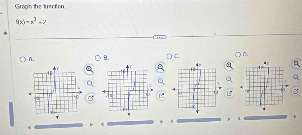 Graph the function.
f(x)=x^3+2
A. 
B. 
C. 
D.