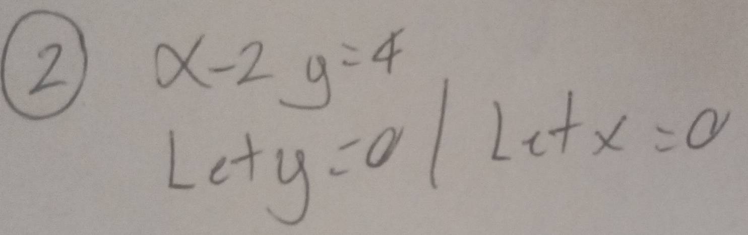 2
x-2y=4
Lety=0/Letx=0