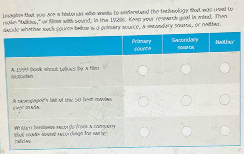 Imagine that you are a historian who wants to understand the technology that was used to 
make "talkies," or films with sound; in the 1920s. Keep your research goal in mind. Then 
d secondary source, or neither.