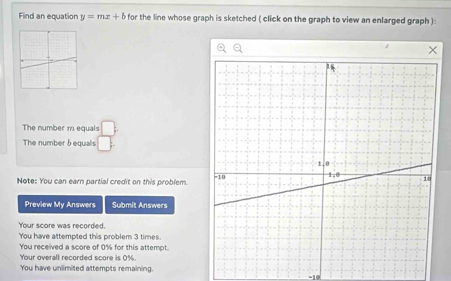 Find an equation y=mx+b for the line whose graph is sketched ( click on the graph to view an enlarged graph ):
×
The number m equals □ ;
The number bequals □ ;.
Note: You can earn partial credit on this problem. 
Preview My Answers Submit Answers
Your score was recorded.
You have attempted this problem 3 times.
You received a score of 0% for this attempt.
Your overall recorded score is 0%.
You have unlimited attempts remaining.
-18