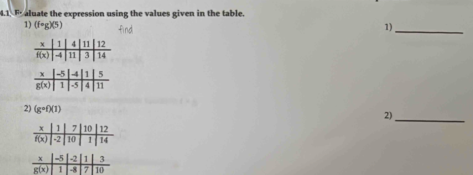 4.1 F aluate the expression using the values given in the table.
1) (fcirc g)(5) 1)_
2) (gcirc f)(1)
2)_
X -5 -2 1 3
g(x) 1 -8 7 10