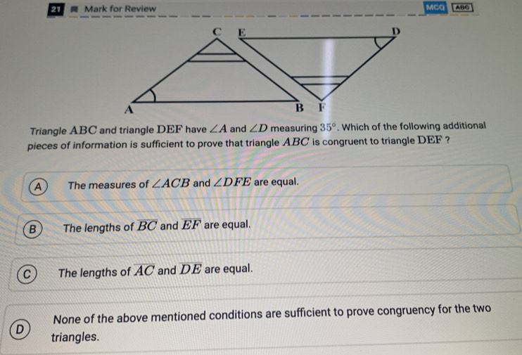 Solved: for Review MCQ ABC Triangle ABC and triangle DEF have ∠ A and ∠ ...
