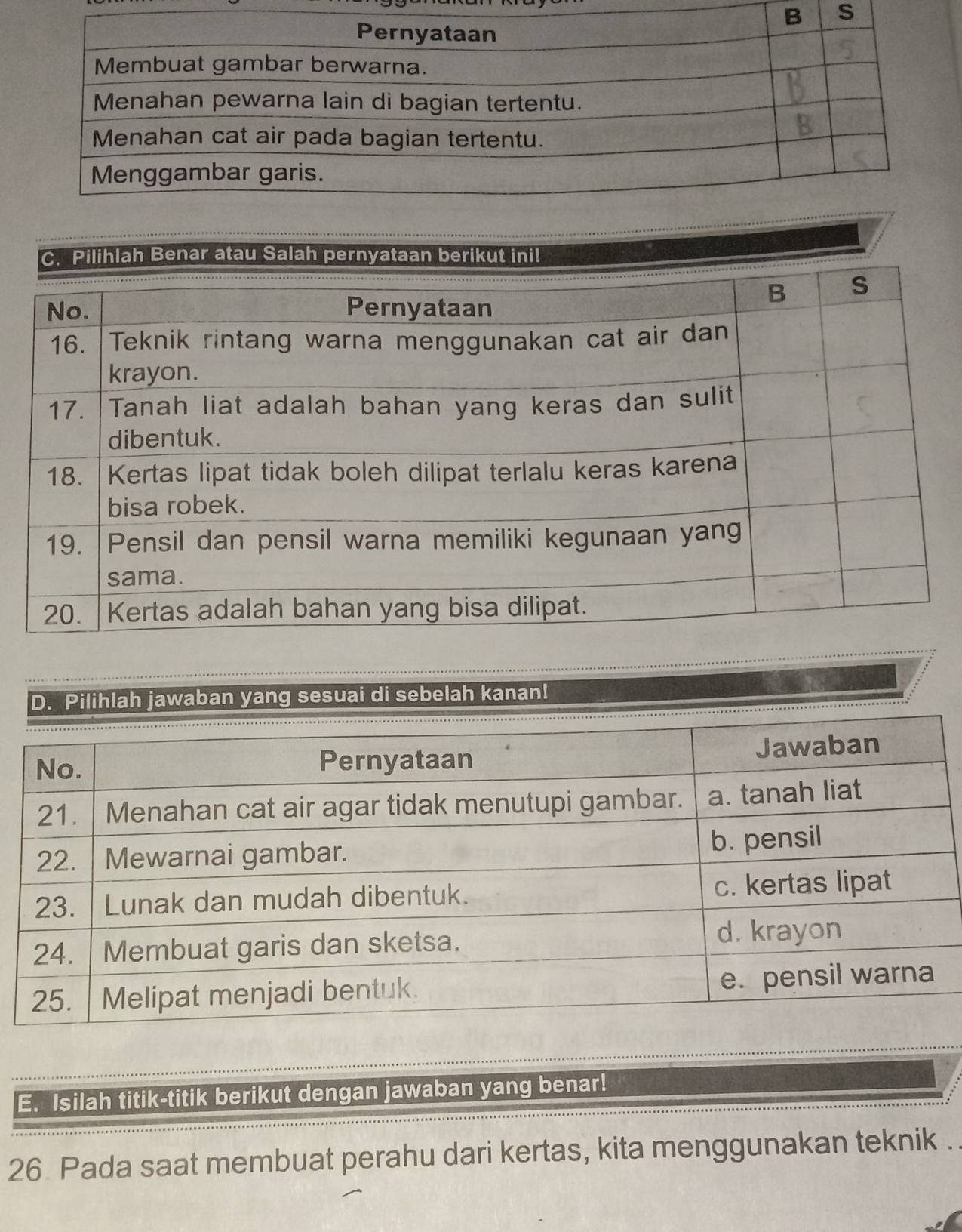 Pilihlah jawaban yang sesuai di sebelah kanan! 
E. Isilah titik-titik berikut dengan jawaban yang benar! 
26 Pada saat membuat perahu dari kertas, kita menggunakan teknik .