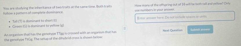 You are studying the inheritance of two traits at the same time. Both traits How many of the offspring out of 16 will be both tall and yellow? Only 
follow a pattern of complete dominance. use numbers in your answer. 
Tall (T) is dominant to short (t) Enter answer here. Do not include spaces or units. 
Green (G) is dominant to yellow (g) 
;; 
An organism that has the genotype T Tgg is crossed with an organism that has Next Question Submit answer 
the genotype TtGg. The setup of the dihybrid cross is shown below: