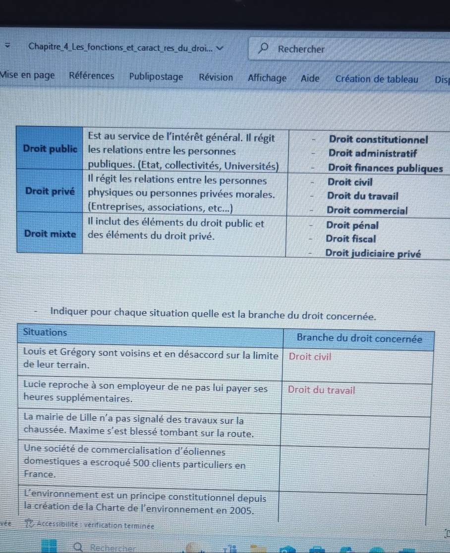 Chapitre_4_Les_fonctions_et_caract_res_du_droi... Rechercher 
Mise en page Références Publipostage Révision Affichage Aide Création de tableau Dis 
s 
Indiquer pour chaque situation quelle est la branche du droit concern 
véeC 
Rechercher