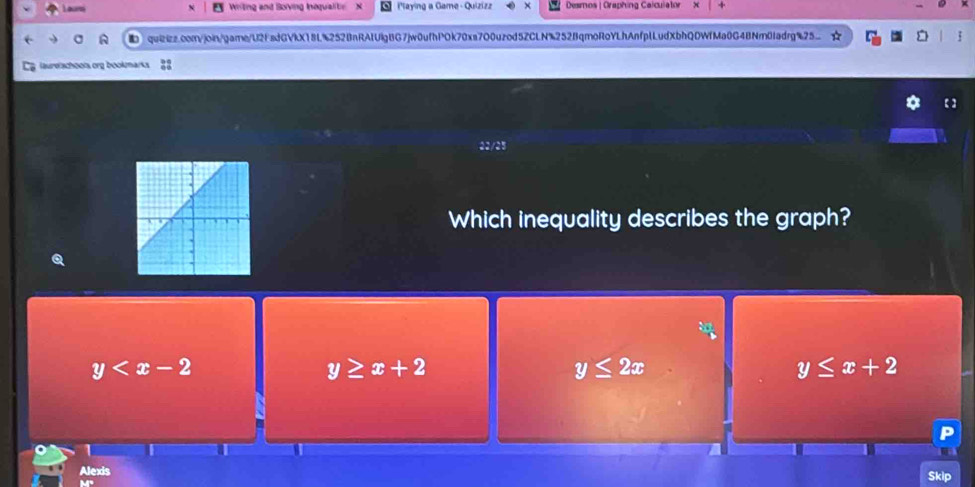 Laurs Writing and Boving Inoqualite ilaying a Game - Quizizz Desmos |Oraphing Calculator +
qui2zizz.com/join/gare/U2fsdGVkX18L%2528nRAtUIgBG7jw0ufhPOk70xs7O0uzod5ZCLN%2528qmoRoYLhAnfplLudXbhQDWfMa0G48Nrn0fadrg%5_
laurelschoots org bookmarks
22/25
Which inequality describes the graph?
y
y≥ x+2
y≤ 2x
y≤ x+2
1
Alexis