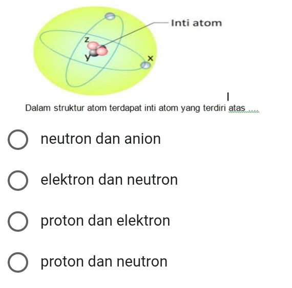 Dalam struktur atom terdapat inti atom yang terdiri atas ___
neutron dan anion
elektron dan neutron
proton dan elektron
proton dan neutron