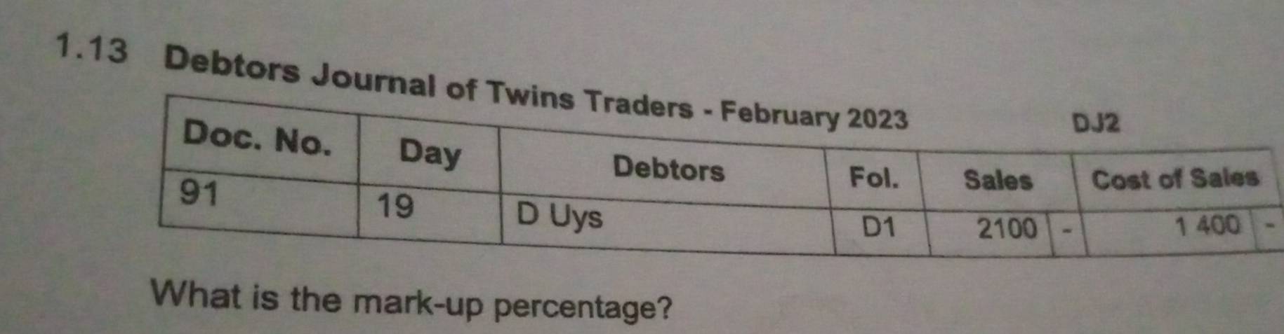 1.13 Debtors Journ 
What is the mark-up percentage?