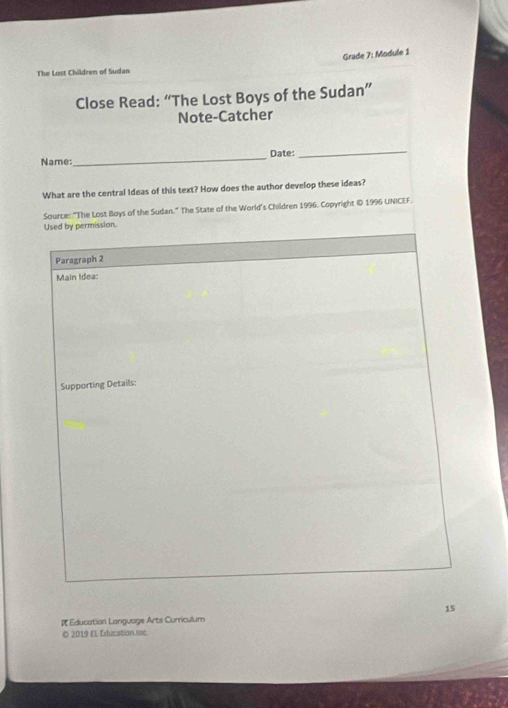 Grade 7: Module 1 
The Lost Children of Sudan 
Close Read: “The Lost Boys of the Sudan” 
Note-Catcher 
_Date: 
Name: 
_ 
What are the central Ideas of this text? How does the author develop these ideas? 
Source: “The Lost Boys of the Sudan.” The State of the World’s Children 1996. Copyright © 1996 UNICEF. 
15 
Education Language Arts Curriculum 
© 2019 EL Education Isc.