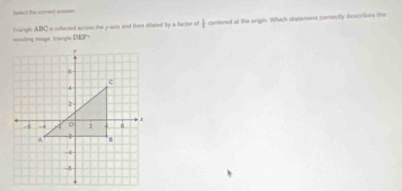 Select the correct answer 
Trangle ABC is reflected across the y-axis and then dilated by a factor of  1/3  centered at the origin. Which statement correctly describes the 
rsuling image, triangle DEF?