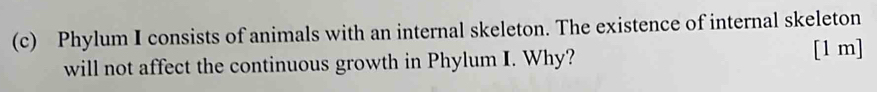 Phylum I consists of animals with an internal skeleton. The existence of internal skeleton 
will not affect the continuous growth in Phylum I. Why? [1 m]