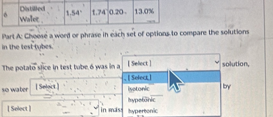 Choose a word or phrase in each set of options to compare the solutions
in the test tubes.
The potato slice in test tube 6 was in a [ Select ] solution,
[ Select]
so water [ Select ] by
isotonic
hypotonic
[ Select ] in máss hypertonic