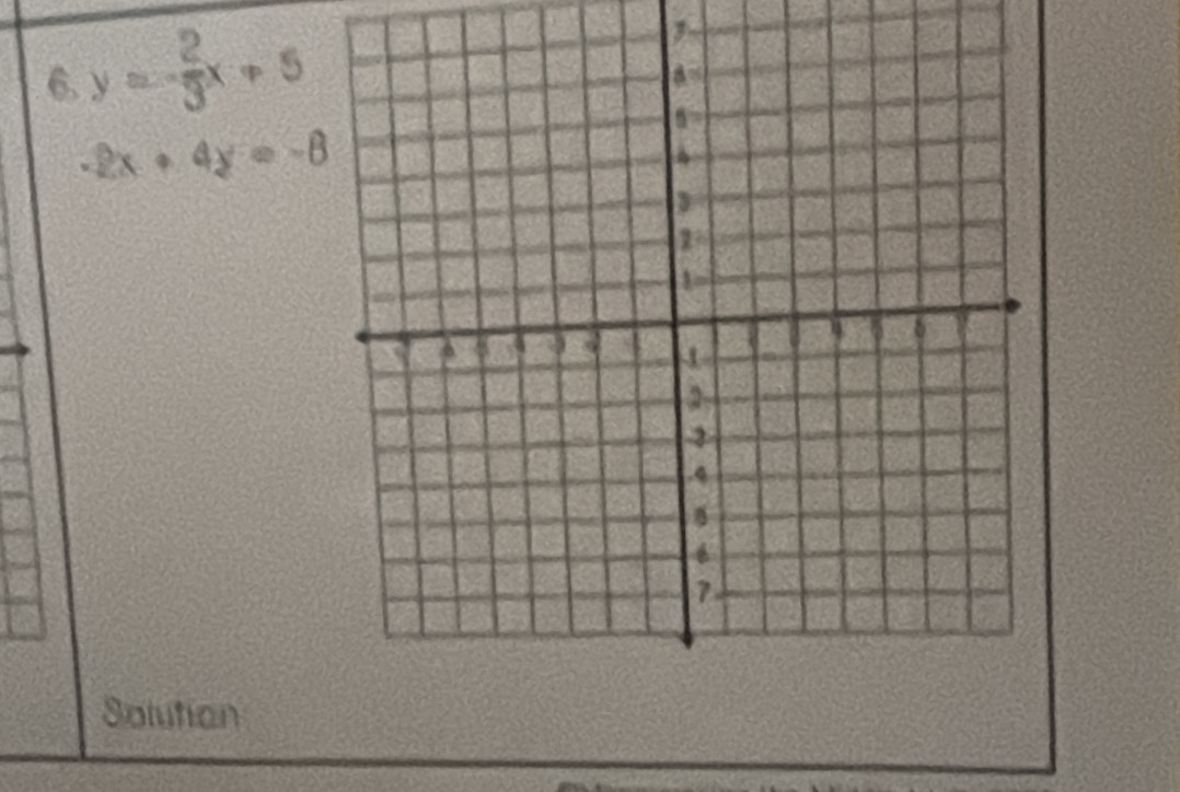 y=- 2/3 x+5
-2x+4y=-8
Solution