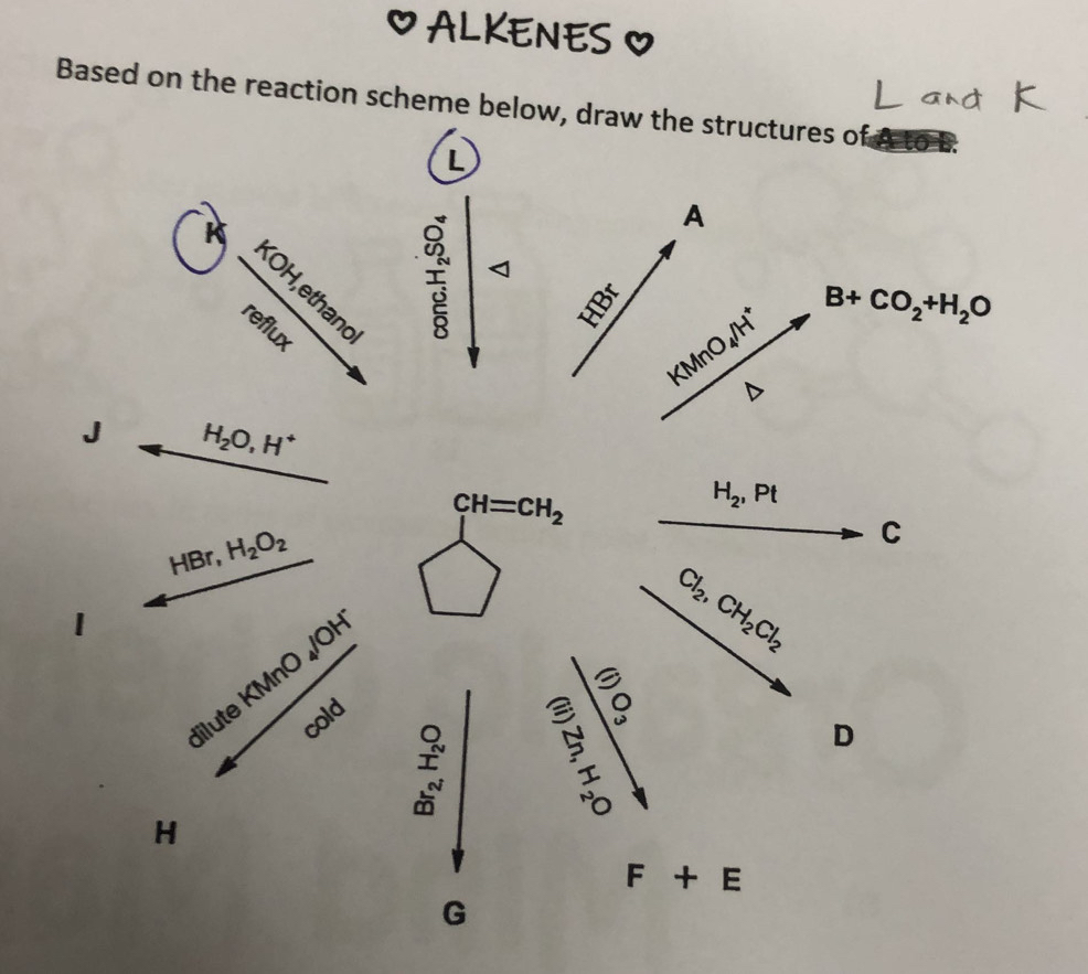 ALKENES O
Based on the reaction scheme below, draw the structures of L
L
K
A
KOH, ethand
. 2
KMnO_4/H^+ B+CO_2+H_2O
reflux^(J H_2)O,H^+
H_2,Pt
HBr, H_2O_2
C
1
dilute KI InO_4/OH^-
Cl_2,CH_2Cl_2
cold
lǒ
.
. beginarrayr O xendarray
D
H
F+E
G