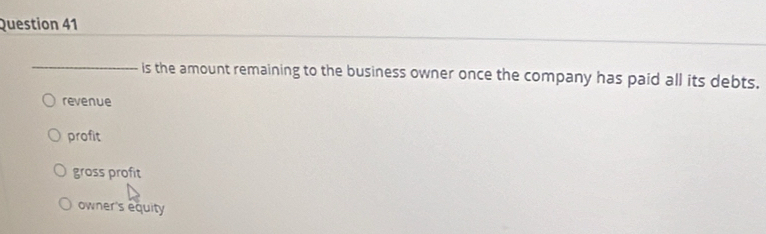 is the amount remaining to the business owner once the company has paid all its debts.
revenue
profit
gross profit
owner's equity