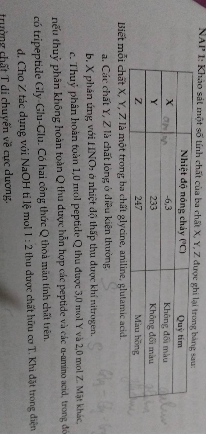 NAP 1: Khảo sát một số tính chất của ba chất X, Y, Z 
Biết mỗi chất X, Y, Z là một trong ba chất glycine, aniline, glutamic acid.
a. Các chất Y, Z là chất lỏng ở điều kiện thường.
b. X phản ứng với HNO₂ ở nhiệt độ thấp thu được khí nitrogen.
c. Thuỷ phân hoàn toàn 1,0 mol peptide Q thu được 3,0 mol Y và 2,0 mol Z. Mặt khác,
nếu thuỷ phân không hoàn toàn Q thu được hỗn hợp các peptide và các α-amino acid, trong đó
có tripeptide Gly-Glu-Glu. Có hai công thức Q thoả mãn tính chất trên.
d. Cho Z tác dụng với NaOH tỉ lệ mol 1:2 thu được chất hữu cơ T. Khi đặt trong điện
trường chất T di chuyển về cực dương.