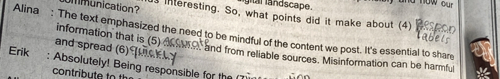 gi tal landscape. 
and now our 
Ummunication? interesting. So, what points did it make about (4) 
Alina : The text emphasized the need to be mindful of the content we post. It's essential to share information that is (5) and from reliable sources. Misinformation can be harmful 
and spread (6) 
Erik : Absolutely! Being responsible for the ( 
contribute to th