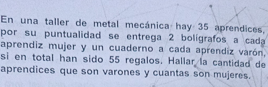 En una taller de metal mecánica hay 35 aprendices, 
por su puntualidad se entrega 2 bolígrafos a cada 
aprendiz mujer y un cuaderno a cada aprendiz varón, 
si en total han sido 55 regalos. Hallar la cantidad de 
aprendices que son varones y cuantas son mujeres.