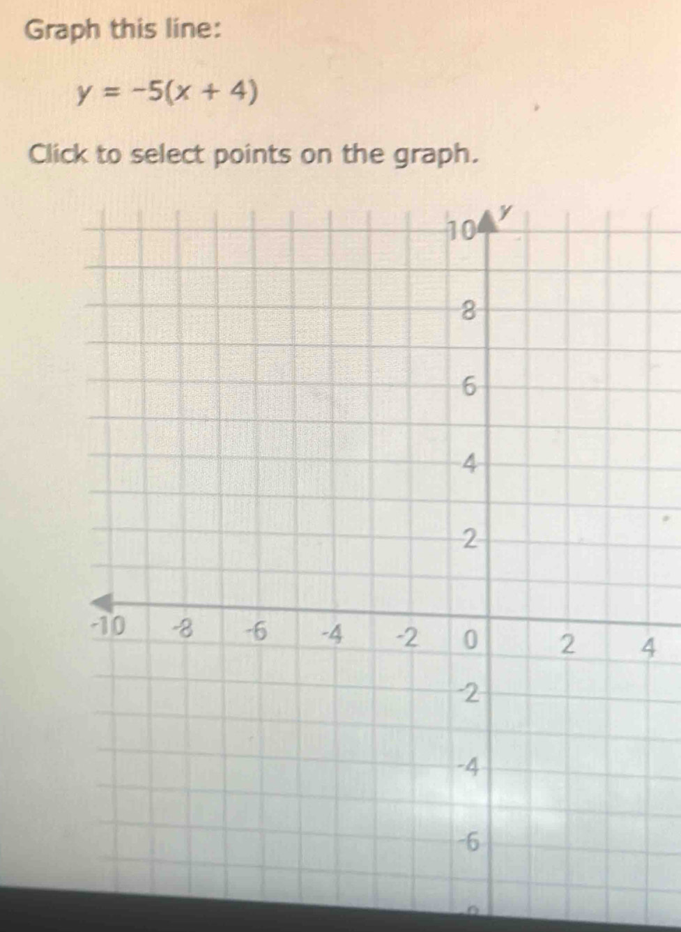 Graph this line:
y=-5(x+4)
Click to select points on the graph.
4