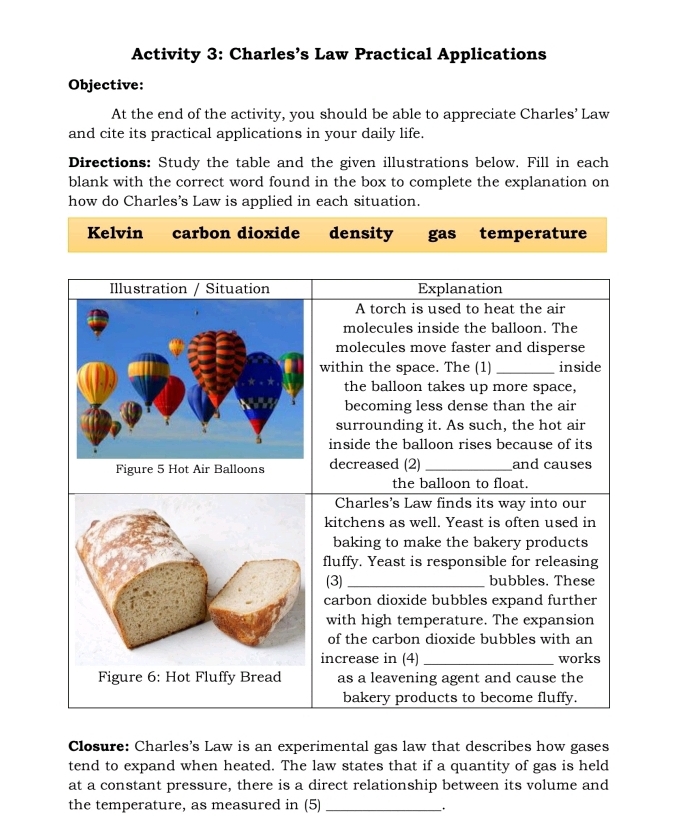 Activity 3: Charles’s Law Practical Applications 
Objective: 
At the end of the activity, you should be able to appreciate Charles’ Law 
and cite its practical applications in your daily life. 
Directions: Study the table and the given illustrations below. Fill in each 
blank with the correct word found in the box to complete the explanation on 
how do Charles’s Law is applied in each situation. 
Kelvin carbon dioxide density gas temperature 
Closure: Charles's Law is an experimental gas law that describes how gases 
tend to expand when heated. The law states that if a quantity of gas is held 
at a constant pressure, there is a direct relationship between its volume and 
the temperature, as measured in (5)_ 
.