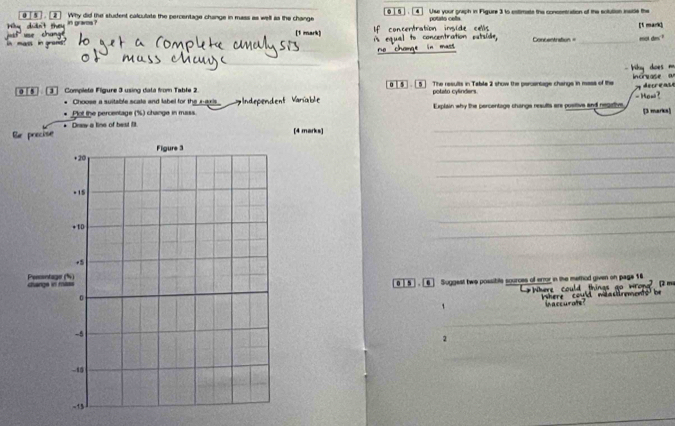 [ s ]. [ 2] Why did the student calculate the percentage change in mass as well as the change 4 Use your graph in Figure 3 to estimate the concontration of the solution instle the [1 mark] 
didn't they '' Draros ? potatn cells 
[1 mark) Concentration = _enot des. " 

s 
[ 0 [5 ]. [ 3 ] Completa Figure 3 using data from Table 2. o | $ | . [ 5 ] The results in Tabile 2 show the percentage change in mass of the Indrease a décréase 
* Choose a suitable scale and label for the x-axis VgIndependent Varíabe potato cylinders. Explain why the percentage change results are positive and negative, - How ? 
Plot the percentage (%) change in mass. [3 marks] 
Ber preckse * Drew a line of best ft 
[4 marks] 
_ 
_ 
_ 
_ 
_ 
_ 
_ 
_ 
0 □ 5 ], [6 ] Suggest twe possibite sources of error in the merod given on page 16. 
1 
_ 
2 
_ 
_