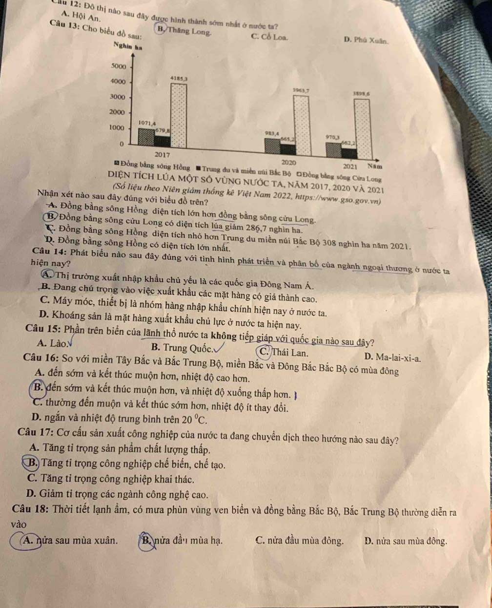 A. Hội An.
Cầu 12: Đô thị nào sau đây được hình thành sớm nhất ở nước ta?
Câu 13: Cho biểu đồ sau:
B, Thăng Long. C. Cổ Loa.
ắc Bộ 'Đồng bằng sông Cứu Long
DiệN tích lúa một số vùng nước ta, năm 2017, 2020 và 2021
(Số liệu theo Niên giám thống kê Việt Nam 2022, https://www.gso.gov.vn)
Nhận xét nào sau đây đúng với biểu đồ trên?
A. Đồng bằng sông Hồng diện tích lớn hơn đồng bằng sông cửu Long.
B/Đồng bằng sông cửu Long có diện tích lúa giảm 286,7 nghìn ha.
C. Đồng bằng sông Hồng diện tích nhỏ hơn Trung du miền núi Bắc Bộ 308 nghìn ha năm 2021.
D. Đồng bằng sông Hồng có diện tích lớn nhất.
Câu 14: Phát biểu nào sau đây đúng với tình hình phát triển và phân bố của ngành ngoại thương ở nước ta
hiện nay?
Á Thị trường xuất nhập khẩu chủ yếu là các quốc gia Đông Nam Á.
B. Đang chú trọng vào việc xuất khẩu các mặt hàng có giá thành cao.
C. Máy móc, thiết bị là nhóm hàng nhập khẩu chính hiện nay ở nước ta.
D. Khoáng sản là mặt hàng xuất khẩu chủ lực ở nước ta hiện nay.
Câu 15: Phần trên biển của lãnh thổ nước ta không tiếp giáp với quốc gia nào sau đây?
A. LàoN B. Trung Quốc. C. Thái Lan. D. Ma-lai-xi-a.
Câu 16: So với miền Tây Bắc và Bắc Trung Bộ, miền Bắc và Đông Bắc Bắc Bộ có mùa đông
A. đến sớm và kết thúc muộn hơn, nhiệt độ cao hơn.
B. đến sớm và kết thúc muộn hơn, và nhiệt độ xuống thấp hơn.
C. thường đến muộn và kết thúc sớm hơn, nhiệt độ ít thay đổi.
D. ngắn và nhiệt độ trung bình trên 20°C.
Câu 17: Cơ cấu sản xuất công nghiệp của nước ta đang chuyển dịch theo hướng nào sau đây?
A. Tăng tỉ trọng sản phầm chất lượng thấp.
B. Tăng tỉ trọng công nghiệp chế biến, chế tạo.
C. Tăng tỉ trọng công nghiệp khai thác.
D. Giảm tỉ trọng các ngành công nghệ cao.
Câu 18: Thời tiết lạnh ẩm, có mưa phùn vùng ven biển và đồng bằng Bắc Bộ, Bắc Trung Bộ thường diễn ra
vào
A. nửa sau mùa xuân. B nửa đầu mùa hạ. C. nửa đầu mùa đông. D. nửa sau mùa đông.