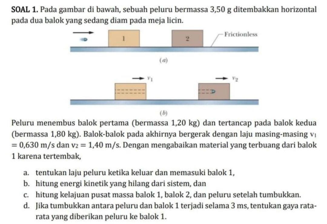 SOAL 1. Pada gambar di bawah, sebuah peluru bermassa 3,50 g ditembakkan horizontal
pada dua balok yang sedang diam pada meja licin.
( a)
Peluru menembus balok pertama (bermassa 1,20 kg) dan tertancap pada balok kedua
(bermassa 1,80 kg). Balok-balok pada akhirnya bergerak dengan laju masing-masing vị
=0,630m/sda an v_2=1,40m/s. Dengan mengabaikan material yang terbuang dari balok
1 karena tertembak,
a. tentukan laju peluru ketika keluar dan memasuki balok 1,
b. hitung energi kinetik yang hilang dari sistem, dan
c. hitung kelajuan pusat massa balok 1, balok 2, dan peluru setelah tumbukkan.
d. Jika tumbukkan antara peluru dan balok 1 terjadi selama 3 ms, tentukan gaya rata-
rata yang diberikan peluru ke balok 1.