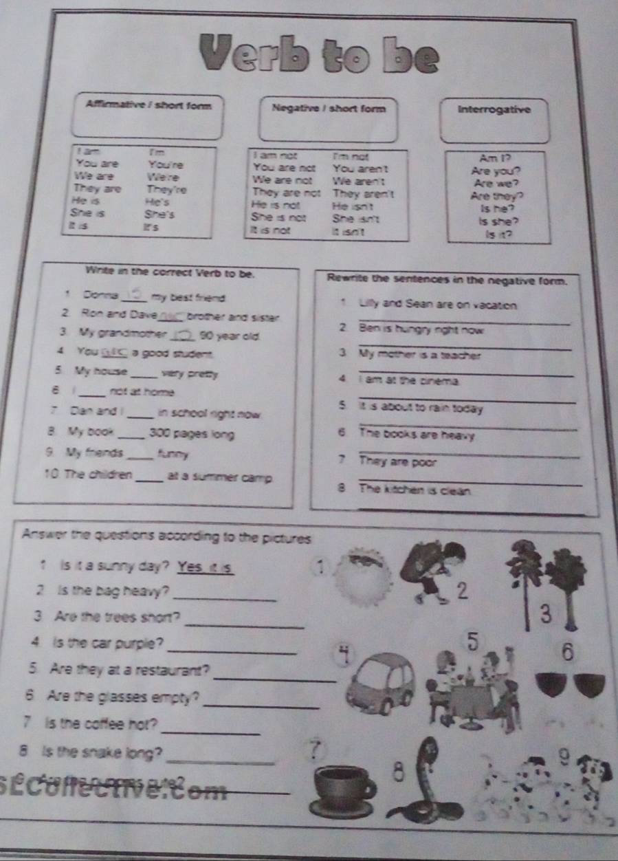 Resuelto:Verb to be Affirmative i short form Negative / short form ...