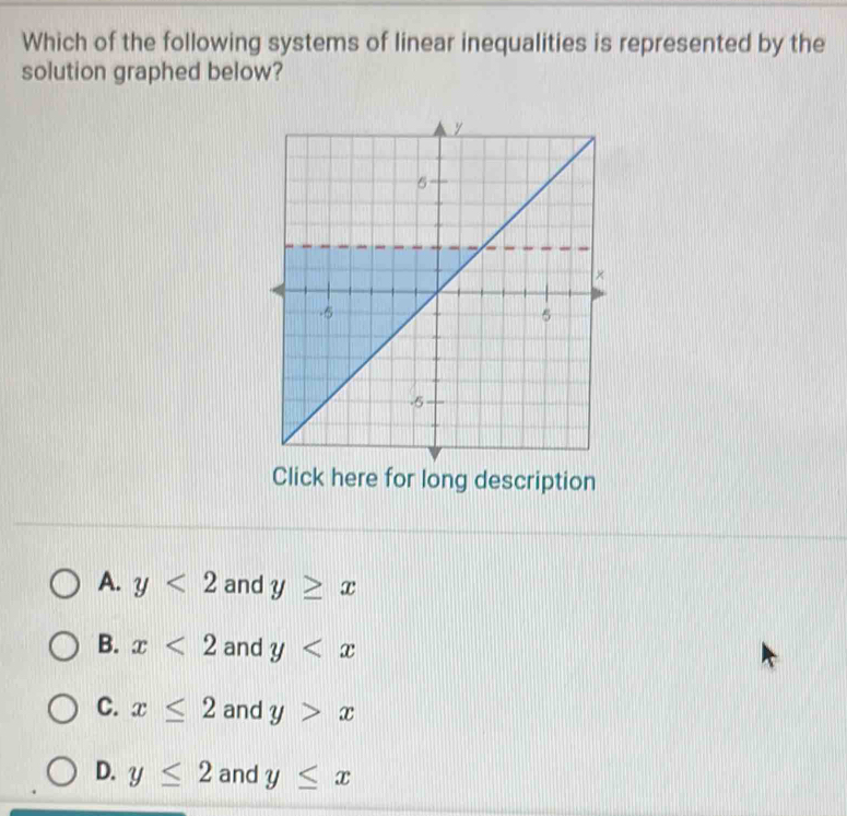 Which of the following systems of linear inequalities is represented by the
solution graphed below?
Click here for long description
A. y<2</tex> and y≥ x
B. x<2</tex> and y
C. x≤ 2 and y>x
D. y≤ 2 and y≤ x