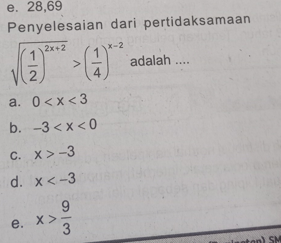 e. 28,69
Penyelesaian dari pertidaksamaan
sqrt((frac 1)2)^2x+2>( 1/4 )^x-2 adalah ....
a. 0
b. -3
C. x>-3
d. x
e. x> 9/3 