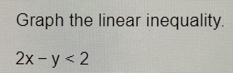 Graph the linear inequality.
2x-y<2</tex>