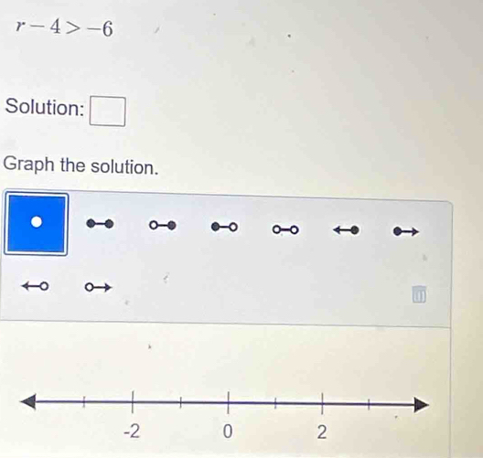 r-4>-6
Solution: □ 
Graph the solution. 
. 
。