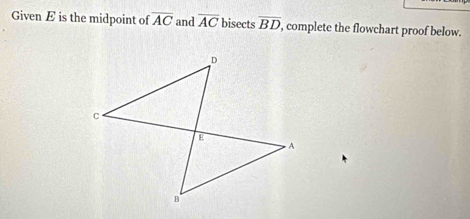 Given E is the midpoint of overline AC and overline AC bisects overline BD, , complete the flowchart proof below.