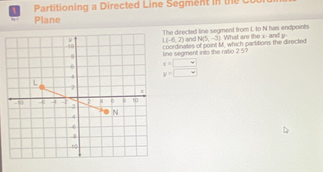 Partitioning a Directed Line Segment in the C 
Plane 
The directed line segment from L to N has endpoints 
and N(5,-3) What are the x - and y -
L(-6,2)
coordinates of point M, which partitions the directed 
ine segment into the ratio 2:5 ?
x=□
y=□