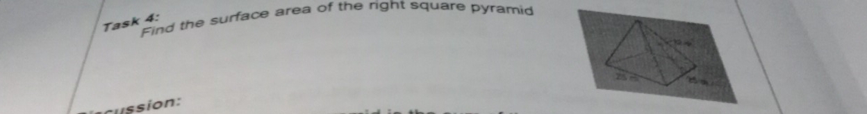 Find the surface area of the right square pyramid 
Task 4: 
Cussion: