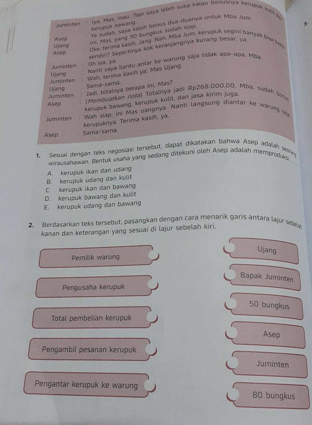 Juminten : Iya, Mas, mau. Tapi saya lebih suka kalau bonusnya kerupuk kulit dan
kerupuk bawang.
3.
Ya sudah, saya kasih bonus dua-duanya untuk Mba Jum
Ini, Mas, yang 30 bungkus sudah siap.
Asep
Ujang
Asep . Oke, terima kasih, Jang. Nah, Mba Jum, kerupuk segini banyak bisa bawa
sendiri? Sepertinya kok keranjangnya kurang besar, ya
Nanti saya bantu antar ke warung saja tidak apa-apa, Mba.
Juminten : Oh iya, ya.
Ujang
Juminten Wah, terima kasih ya, Mas Ujang.
Ujang Sama-sama.
Juminten Jadi, totalnya berapa ini, Mas?
Asep (Membuatkan nota) Totalnya jadi Rp268.000,00, Mba, sudah bonus
kerupuk bawang, kerupuk kulit, dan jasa kirim juga.
Juminten : Wah siap, ini Mas uangnya. Nanti langsung diantar ke warung saja
kerupuknya. Terima kasih, ya.
Asep Sama-sama.
1. Sesuai dengan teks negosiasi tersebut, dapat dikatakan bahwa Asep adalah seorang
wirausahawan. Bentuk usaha yang sedang ditekuni oleh Asep adalah memproduksi  ..
A. kerupuk ikan dan udang
B. kerupuk udang dan kulit
C. kerupuk ikan dan bawang
D. kerupuk bawang dan kulit
E. kerupuk udang dan bawang
2. Berdasarkan teks tersebut, pasangkan dengan cara menarik garis antara lajur sebelah
kanan dan keterangan yang sesuai di lajur sebelah kiri.
Ujang
Pemilik warung
Bapak Juminten
Pengusaha kerupuk
50 bungkus
Total pembelian kerupuk
Asep
Pengambil pesanan kerupuk
Juminten
Pengantar kerupuk ke warung 80 bungkus