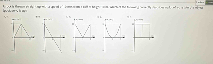 Saved
A rock is thrown straight up with a speed of 10 m/s from a cliff of height 10 m. Which of the following correctly describes a plot of v vs t for this object
(positive v_xisup).
○ A. ④ ○ C. [
sigma ,(m,h) P_1(m/s) P_2(m/h)
10 10 10
0
l(x) 0 r
1  1 2  0 | 2
-10 -10 -10