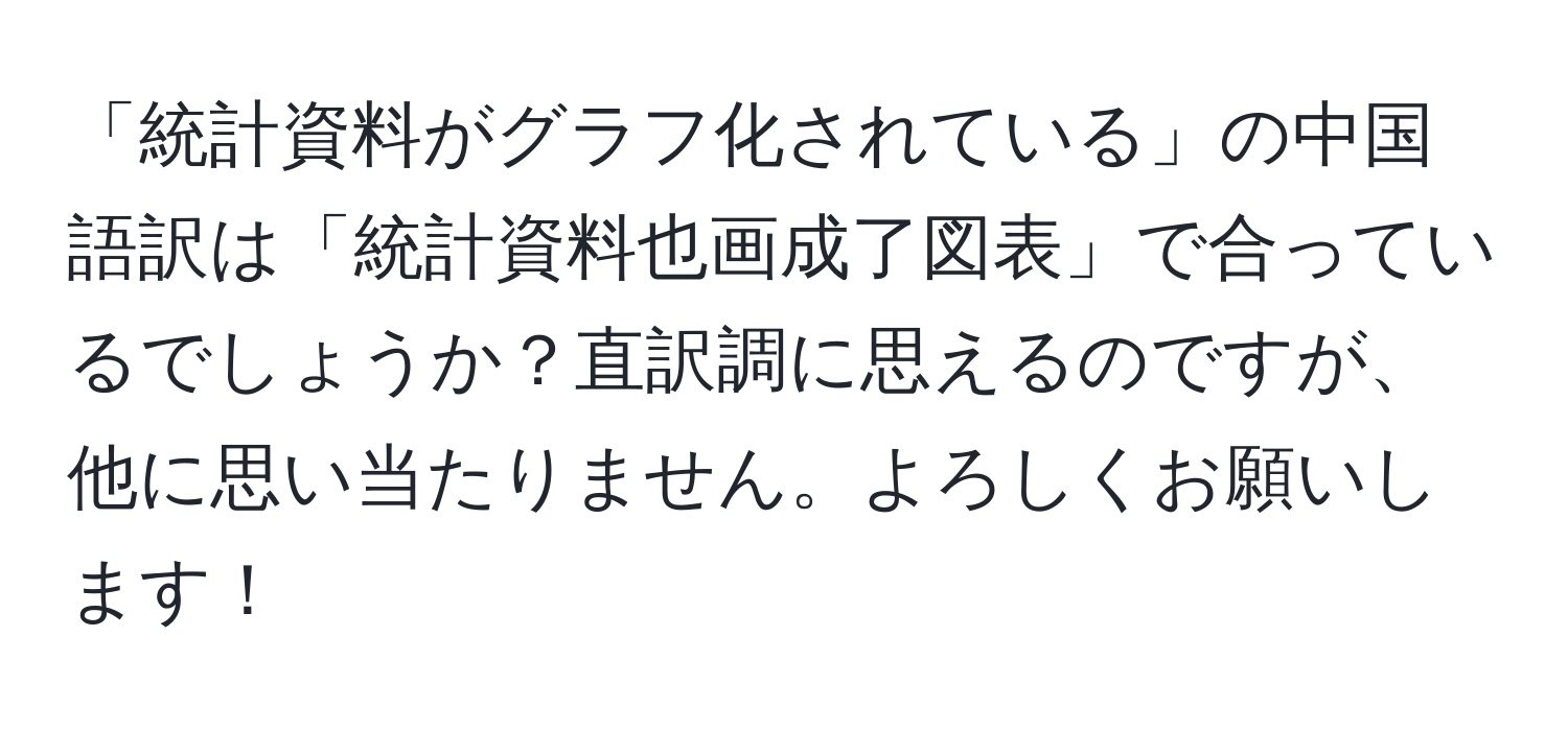 「統計資料がグラフ化されている」の中国語訳は「統計資料也画成了図表」で合っているでしょうか？直訳調に思えるのですが、他に思い当たりません。よろしくお願いします！