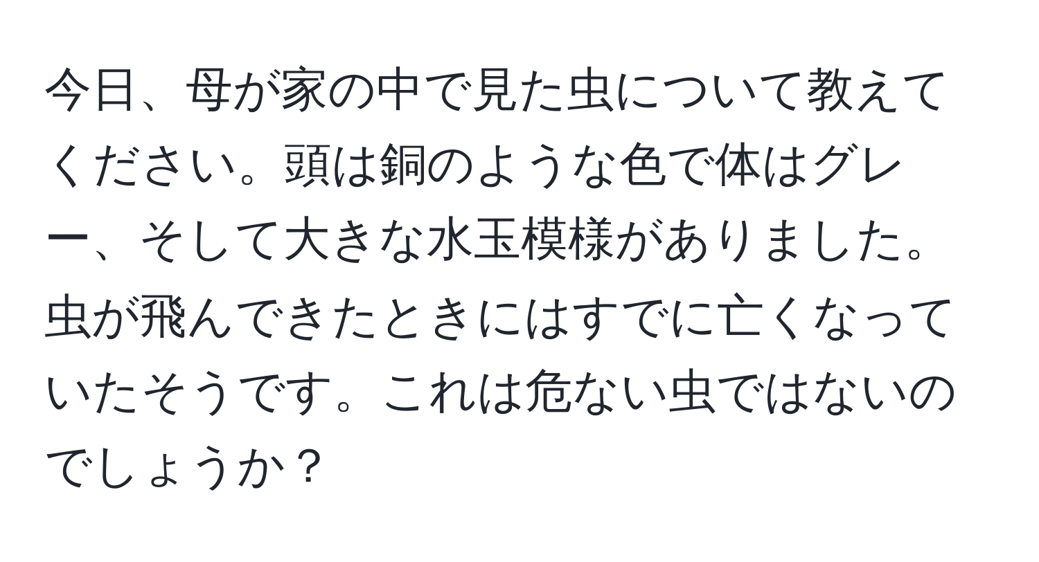 今日、母が家の中で見た虫について教えてください。頭は銅のような色で体はグレー、そして大きな水玉模様がありました。虫が飛んできたときにはすでに亡くなっていたそうです。これは危ない虫ではないのでしょうか？