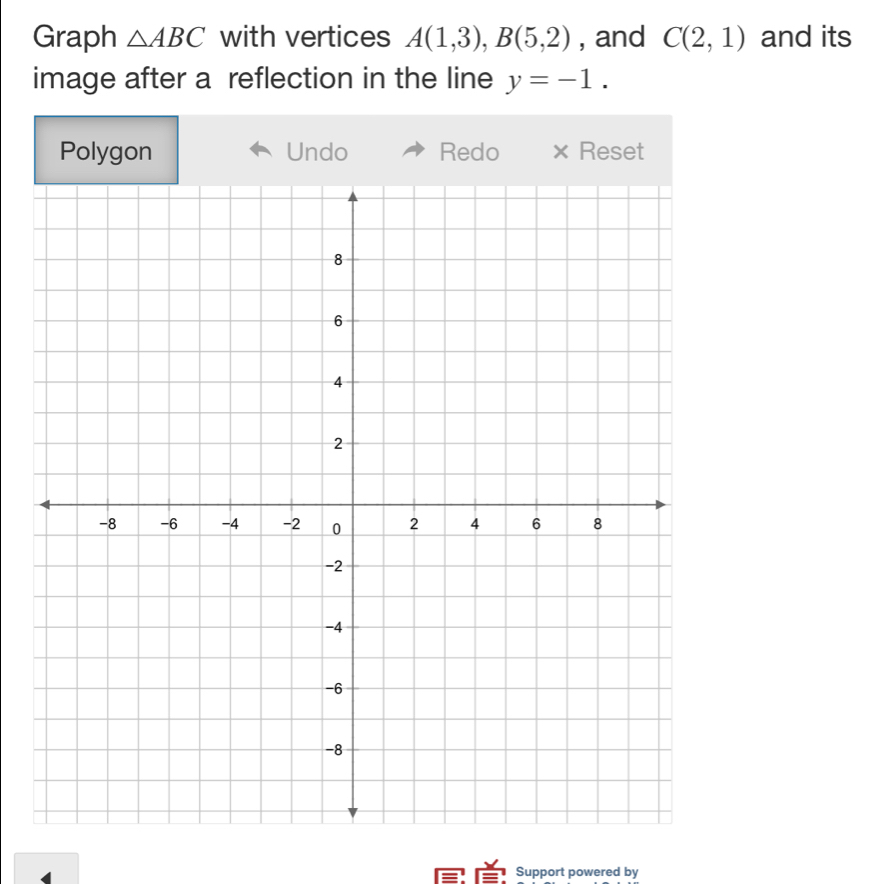 Graph △ ABC with vertices A(1,3), B(5,2) , and C(2,1) and its 
image after a reflection in the line y=-1. 
Polygon Undo Redo × Reset 
Support powered by