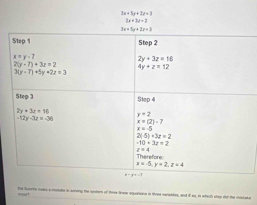 3x+5y+2z=3
2x+3z=2
Did Suzette make a mistake in solving the system of three linear equations in three variables, and if so, in which step did the mistake
o□cur?