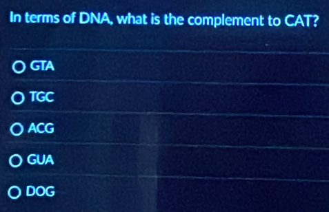 In terms of DNA, what is the complement to CAT?
GTA
TGC
ACG
GUA
DOG