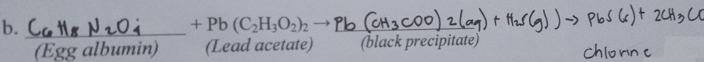 +Pb(C_2H_3O_2)_2
_ 
(Egg albumin) (Lead acetate) (black precipitate)