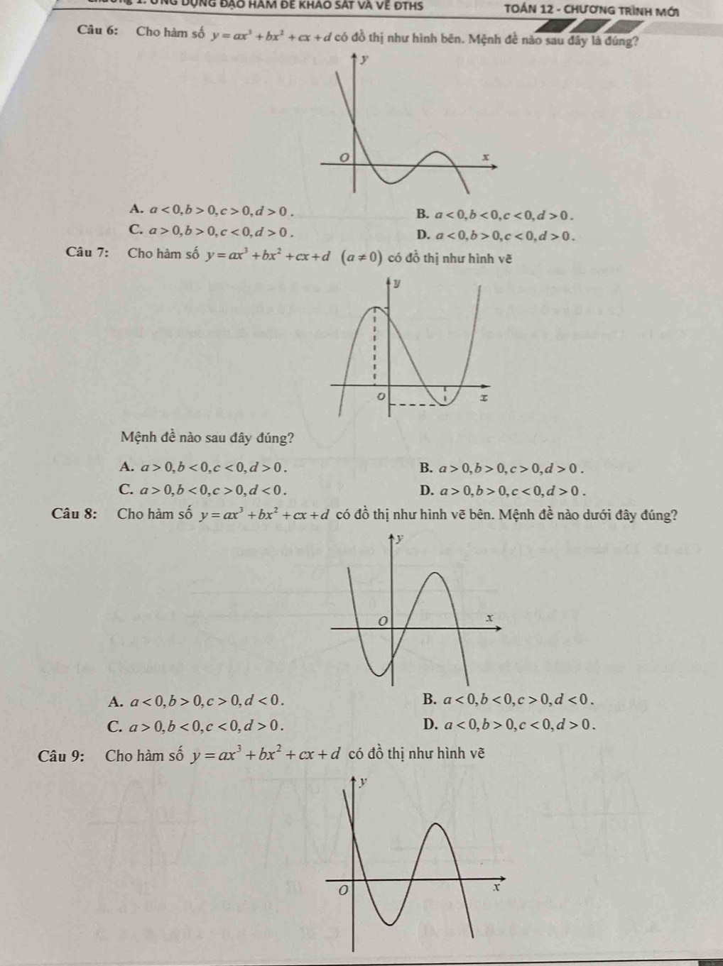 NG dụng đạo hàm Để khao sát và vệ ĐThS TOÁN 12 - CHươNG TRìNH Mới
Câu 6: Cho hàm số y=ax^3+bx^2+cx+d có đồ thị như hình bên. Mệnh đề nào sau đây là đúng?
A. a<0</tex>, b>0, c>0, d>0.
B. a<0</tex>, b<0</tex>, c<0</tex>, d>0.
C. a>0, b>0, c<0</tex>, d>0.
D. a<0</tex>, b>0, c<0</tex>, d>0. 
Câu 7: Cho hàm số y=ax^3+bx^2+cx+d(a!= 0) có đồ thị như hình vẽ
Mệnh đề nào sau đây đúng?
A. a>0, b<0</tex>, c<0</tex>, d>0. B. a>0, b>0, c>0, d>0.
C. a>0, b<0</tex>, c>0, d<0</tex>. D. a>0, b>0, c<0</tex>, d>0. 
Câu 8: Cho hàm số y=ax^3+bx^2+cx+d có đồ thị như hình vẽ bên. Mệnh đề nào dưới đây đúng?
A. a<0</tex>, b>0, c>0, d<0</tex>. B. a<0</tex>, b<0</tex>, c>0, d<0</tex>.
C. a>0, b<0</tex>, c<0</tex>, d>0. D. a<0</tex>, b>0, c<0</tex>, d>0. 
Câu 9: Cho hàm số y=ax^3+bx^2+cx+d có đồ thị như hình vẽ