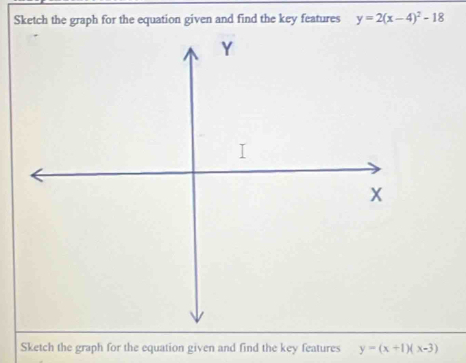 Sketch the graph for the equation given and find the key features y=2(x-4)^2-18
Sketch the graph for the equation given and find the key features y=(x+1)(x-3)