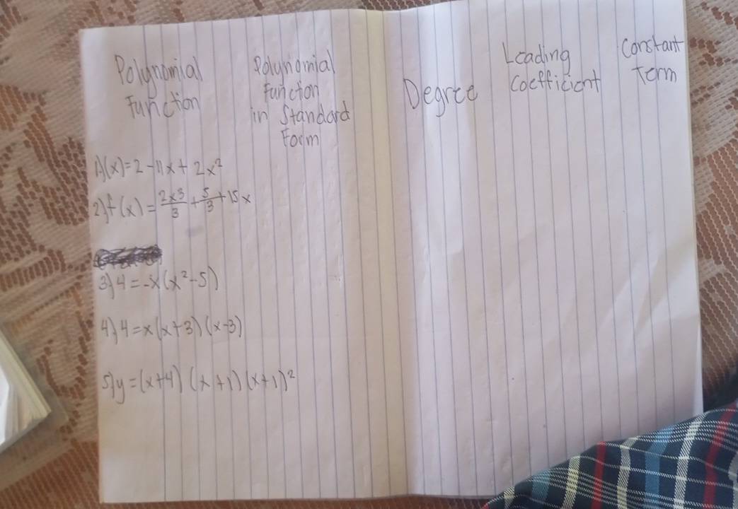 Poignunal Rolynomia 
Loading constant 
in Standard Degree caeficant tom 
function funcion 
Form
A(x)=2-11x+2x^2
2) f(x)= 2x^3/3 + 5/3 +15x
3 4=-x(x^2-5)
4 4=x(x+3)(x-3)
5)y=(x+4)(x+1)(x+1)^2