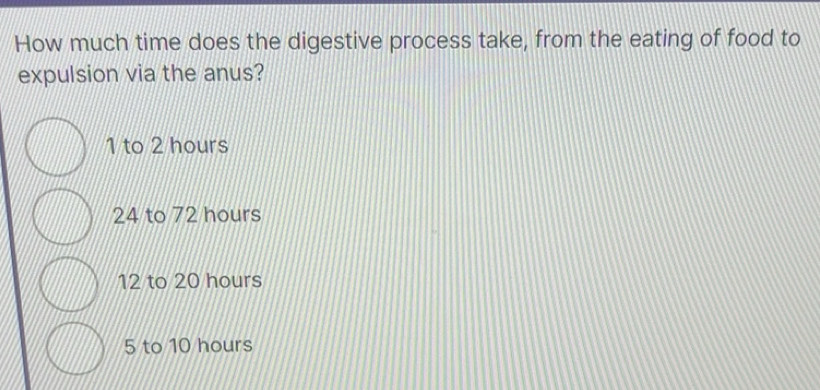 Solved: How much time does the digestive process take, from the eating ...