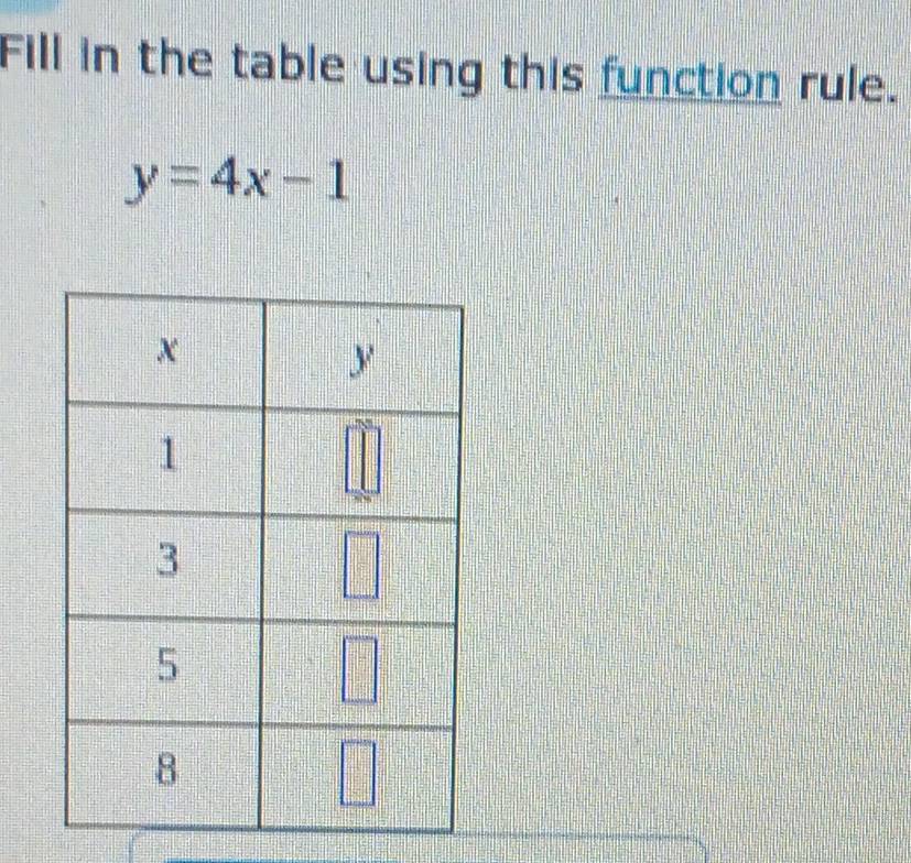 Fill in the table using this function rule.
y=4x-1