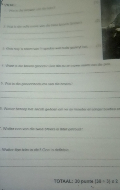 VRAE; (1) 
_ 
! We is die skryws von die taks? 
_ 
2. Wat is dis volle name van die twes broers Grimm? (7) 
_ 
3. Gen nog 'n neam van 'n sprokie wat hulle geskeyf het (1) 
_ 
4. Waar is die broers gebore? Gee die ou en nuwe naam van die piek. 
_ 
5. Wat is die geboortedatums van die broers? 
_ 
_ 
6. Watter beroep het Jacob gedoen om vir sy moeder en jonger boeties er 
_ 
. Watter een van die twee broers is later getroud? 
_ 
. Watter tipe teks is die? Gee 'n definisie. 
_ 
_ 
TOTAAL: 30 punte (30/ 3)* 2