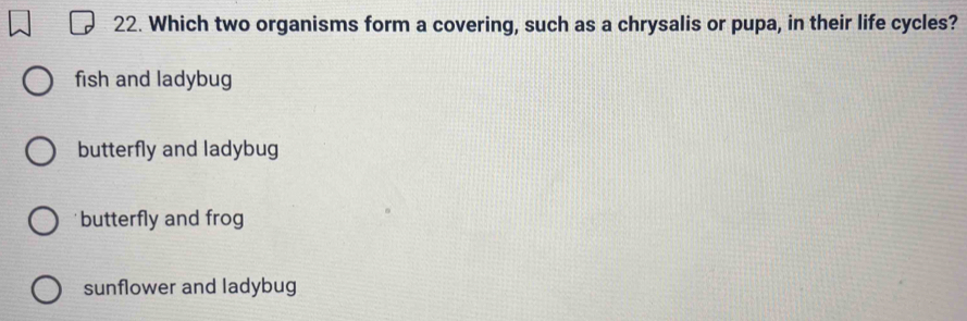 Which two organisms form a covering, such as a chrysalis or pupa, in their life cycles?
fish and ladybug
butterfly and ladybug
butterfly and frog
sunflower and ladybug